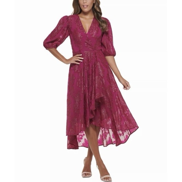 Calvin Klein Dresses & Skirts - CALVIN KLEIN Purple Pink Jacquard Chiffon Hi-Low Fit & Flare Dress Sz 14 Women's